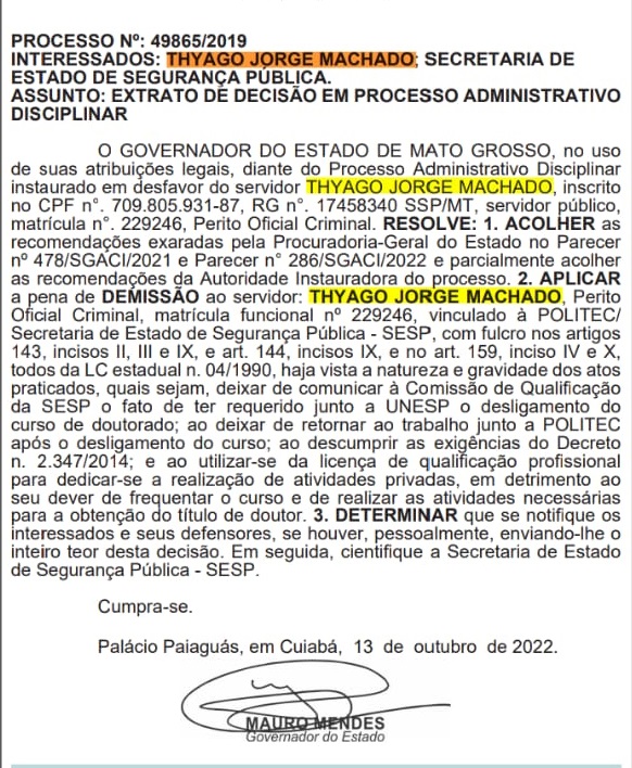 exoneração perito thyago