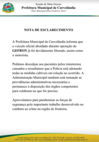 Nota esclarecimento Prefeitura de curvelandia
