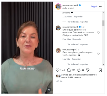 Rosana Martinelli deixa mensagem de apoio para si mesma em post no Instagram